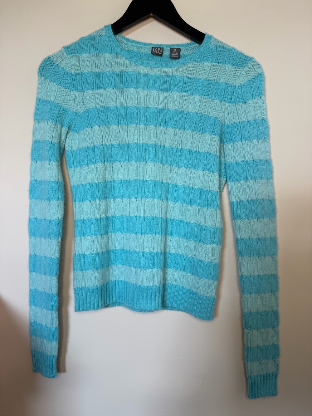 Saks Fifth Avenue Striped Aqua and Light Aqua Cable-Knit Crewneck Sweater